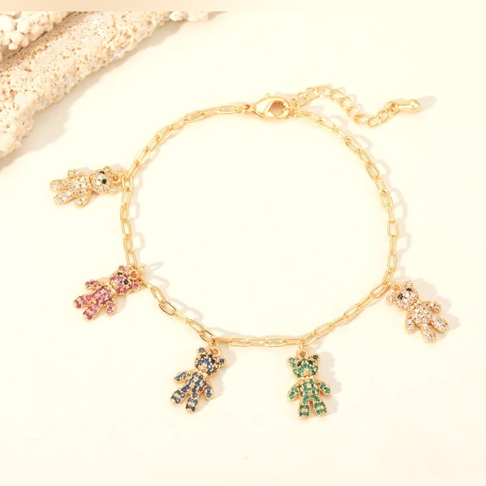 Gold Charm Bracelet with Multicolor Teddy Bear Pendants